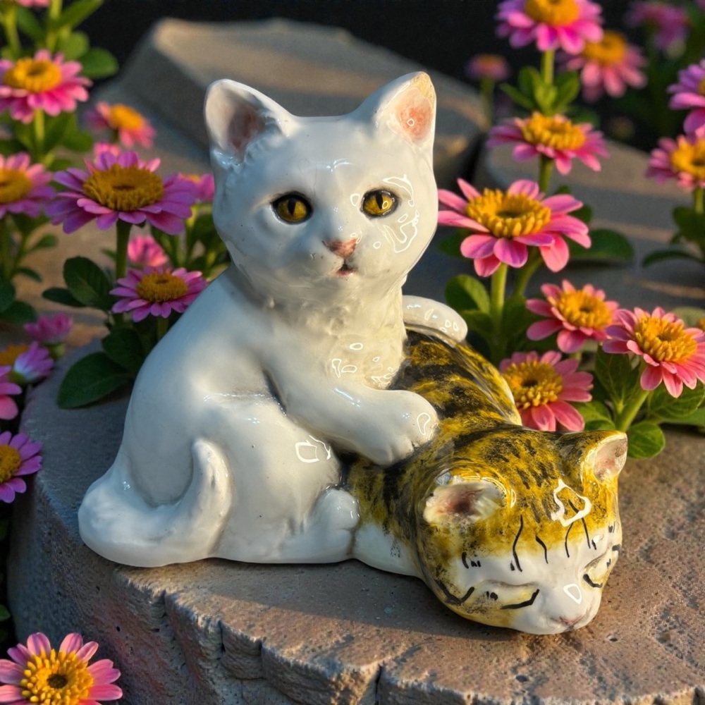 MCM Signed The Townsends Loving Cats Kittens Hand Painted Ceramic White & Calico